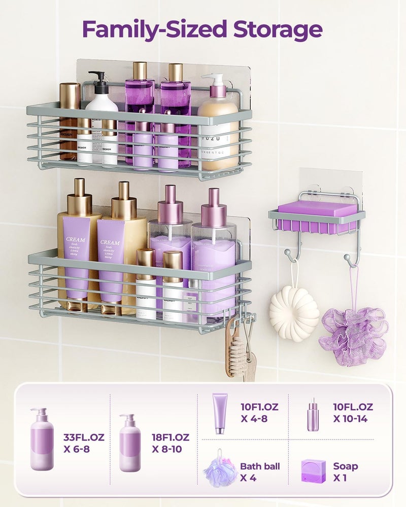 ODesign Shower Caddy 3 Pack SUS304 Stainless Steel-No Drilling-Shower Bathroom Shelves Rack,Rustproof Wall Mounted,Adhesive Shower Shelf Basket Organizer-Grey - Image 5